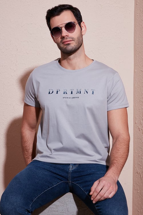 Baskılı Bisiklet Yaka Pamuklu Slim Fit Erkek T Shirt 541DPRTMNT24 AÇIK GRİ