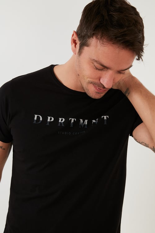 Baskılı Bisiklet Yaka Pamuklu Slim Fit Erkek T Shirt 541DPRTMNT24 SİYAH