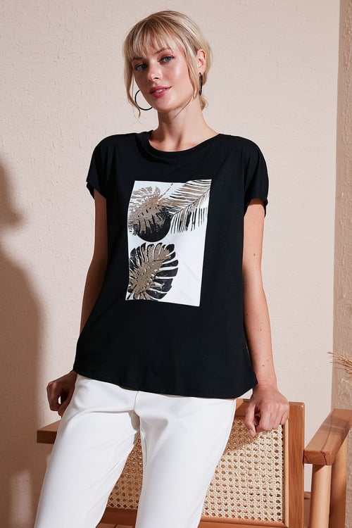 Baskılı Bisiklet Yaka Regular Fit Kadın T Shirt 6671004 SİYAH