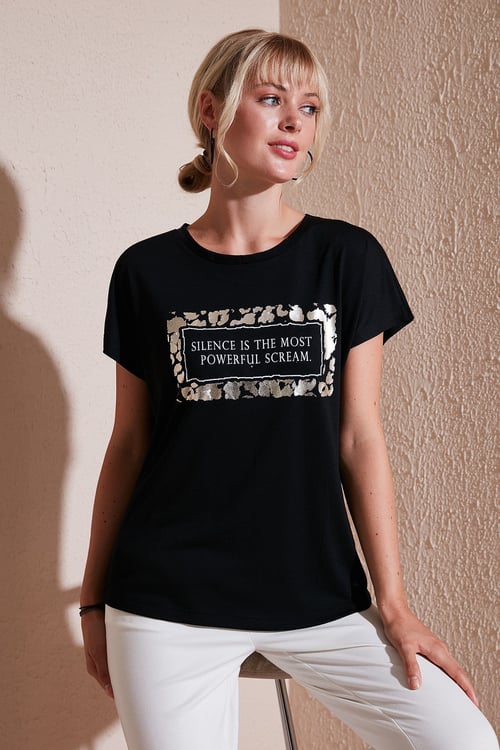 Baskılı Bisiklet Yaka Regular Fit Kadın T Shirt 6671007 SİYAH