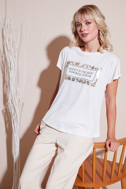 Baskılı Bisiklet Yaka Regular Fit Kadın T Shirt 6671007 EKRU