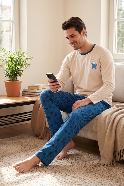 Baskılı Pamuklu Bisiklet Yaka Uzun Kollu Erkek Pijama Takımı 6575004 İNDİGO