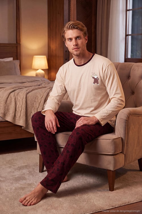 Baskılı Pamuklu Bisiklet Yaka Uzun Kollu Erkek Pijama Takımı 6575004 BORDO