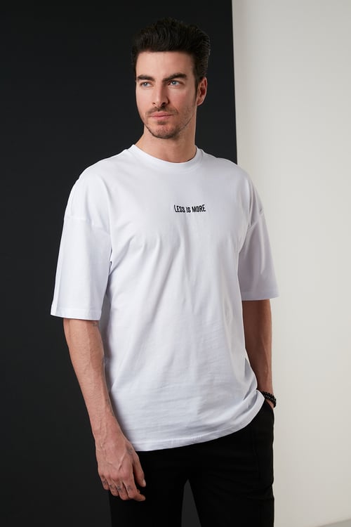 Baskılı Pamuklu Oversize Bisiklet Yaka Erkek T Shirt 5727500 BEYAZ