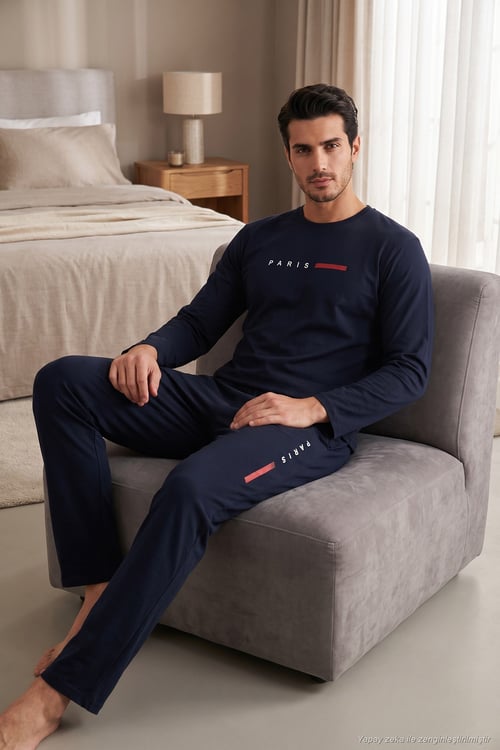 Baskılı Pamuklu Uzun Kollu Erkek Pijama Takımı 6575006 LACİVERT