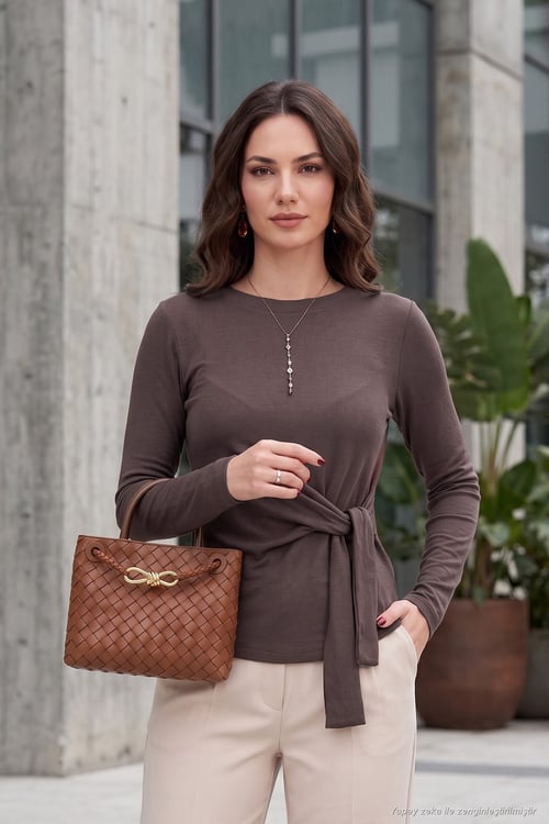 Belden Bağlama Detaylı Bisiklet Yaka Kadın Bluz 5866909 KAHVE
