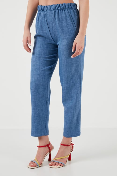 Beli Lastikli Keten Görünümlü Kadın Pantolon 5865797 KOYU MAVİ
