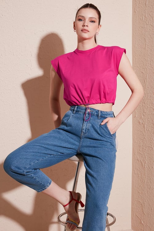 Bisiklet Yaka % 100 Pamuk Crop Kadın T Shirt 5865587 FUŞYA