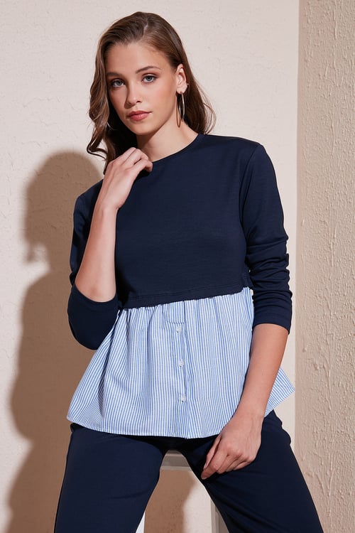 Bisiklet Yaka Gömlekli  Oversize Fit OYSHO Kumaş Kadın Sweat 5865880 LACİVERT