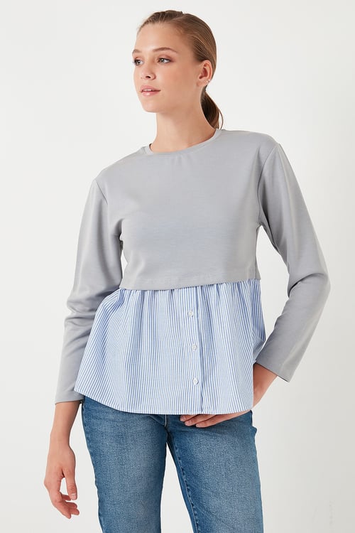 Bisiklet Yaka Gömlekli  Oversize Fit OYSHO Kumaş Kadın Sweat 5865880 GRİ