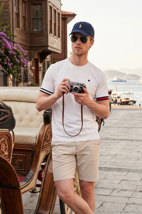 Bisiklet Yaka Kolları Renkli Şerit Detaylı Erkek T Shirt 5904060 BEYAZ
