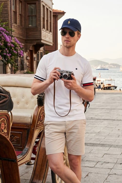 Bisiklet Yaka Kolları Renkli Şerit Detaylı Erkek T Shirt 5904060 BEYAZ