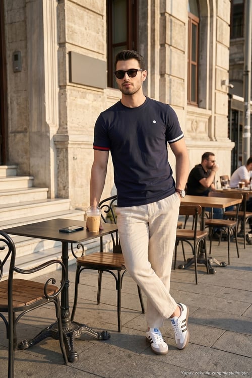Bisiklet Yaka Kolları Renkli Şerit Detaylı Erkek T Shirt 5904060 LACİVERT