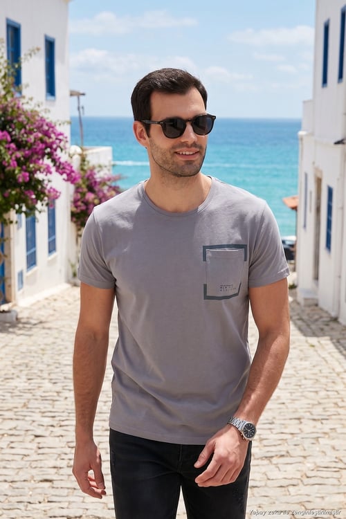 Bisiklet Yaka Pamuklu Slim Fit Erkek T Shirt 541REWORK AÇIK GRİ