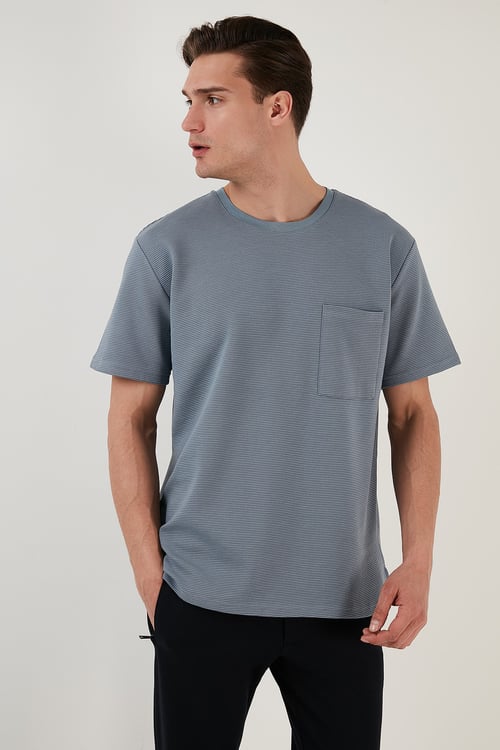 Bisiklet Yaka Tek Cepli Pamuklu Oversize Erkek T Shirt 5902305 MAVİ