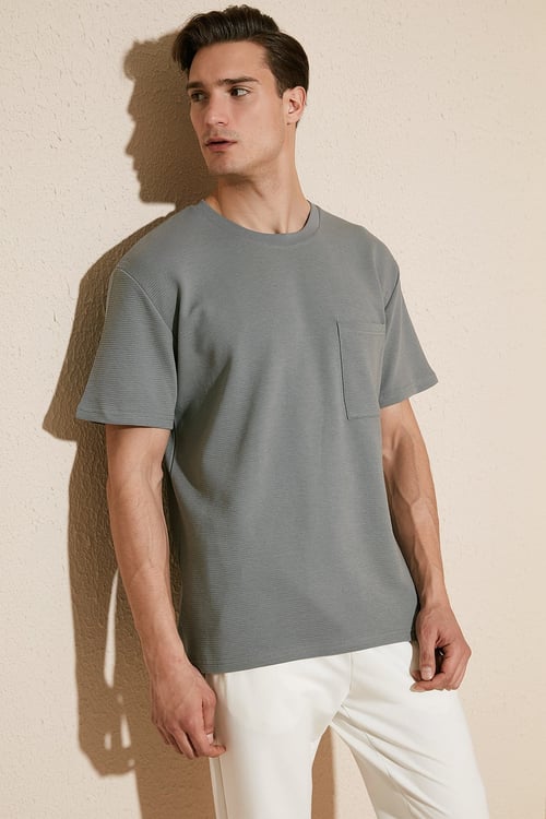 Bisiklet Yaka Tek Cepli Pamuklu Oversize Erkek T Shirt 5902305 AÇIK HAKİ