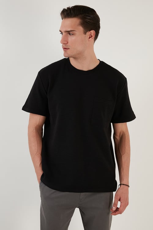 Bisiklet Yaka Tek Cepli Pamuklu Oversize Erkek T Shirt 5902305 SİYAH