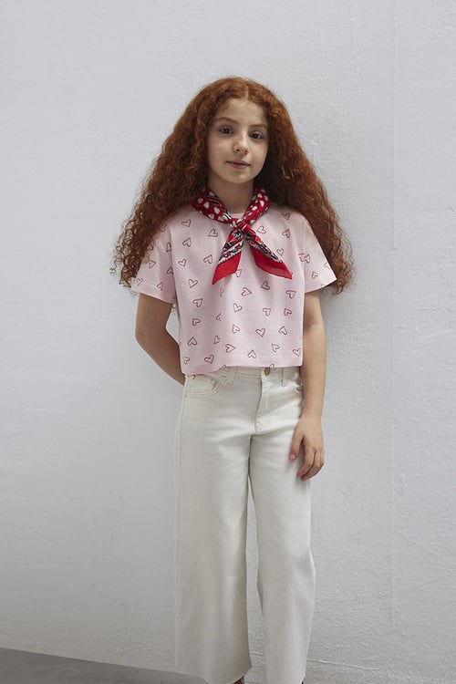 Bol Rahat Kesim Kalpli % 100 Pamuk Bisiklet Yaka Kız Çocuk T Shirt 7610400-71007 PEMBE