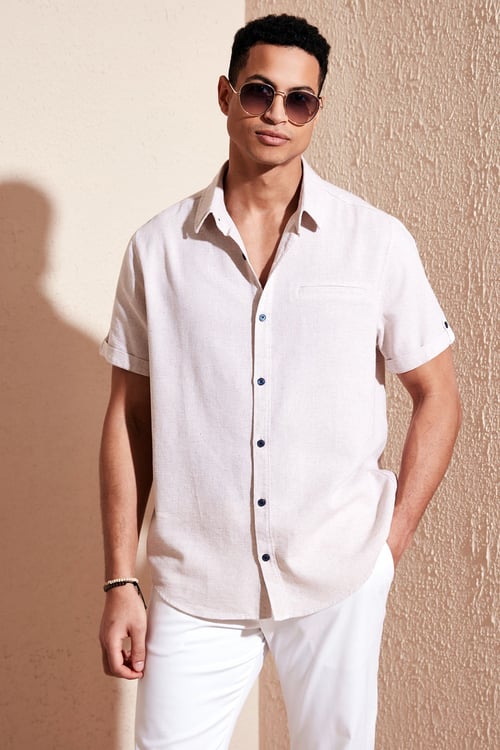 Buratti % 100 Pamuk Keten Görünümlü Slim Fit Kısa Kollu Erkek Gömlek CF21S111766 TAŞ