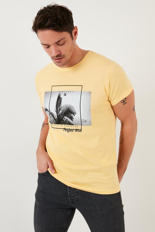 Buratti Baskılı % 100 Pamuk Bisiklet Yaka Slim Fit Erkek T Shirt 541PERFECTWAVE SARI