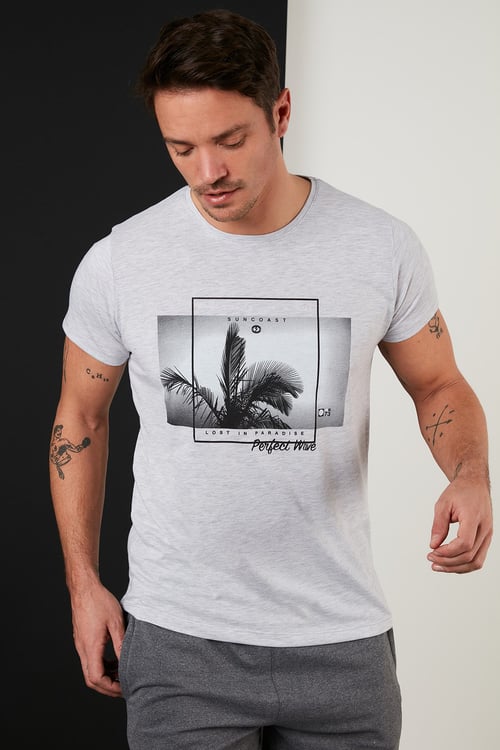 Buratti Baskılı % 100 Pamuk Bisiklet Yaka Slim Fit Erkek T Shirt 541PERFECTWAVE AÇIK GRİ
