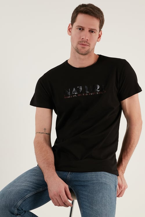 Buratti Bisiklet Yaka % 100 Pamuk Slim Fit Erkek T Shirt 541NATURE SİYAH