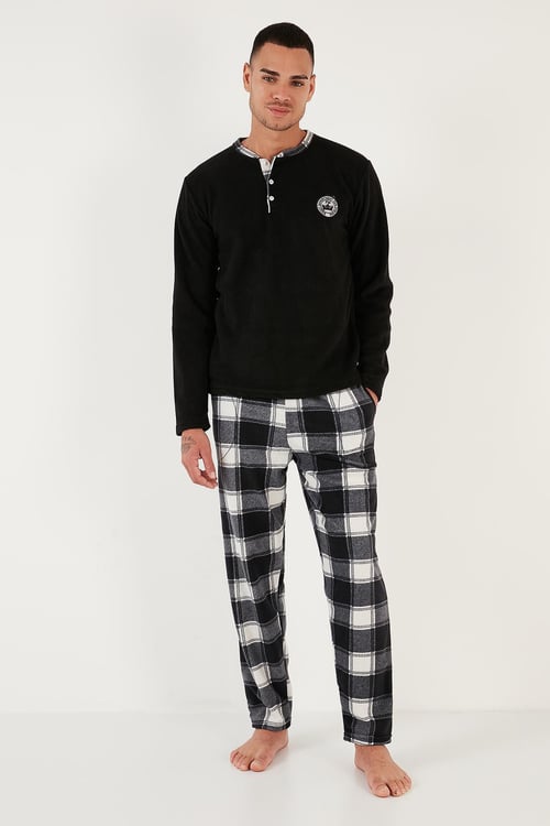 Buratti Ekose Regular Fit Bisiklet Yaka Kışlık Polar Erkek Pijama Takımı 60961001 SİYAH-BEYAZ