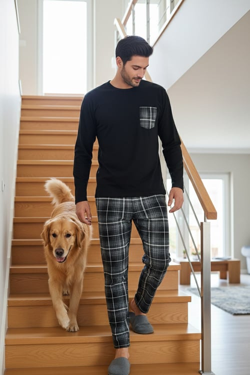 Buratti Ekoseli Cepli Beli Lastikli % 100 Pamuk Regular Fit Erkek Pijama Takımı 6572001 SİYAH-ANTRASİT