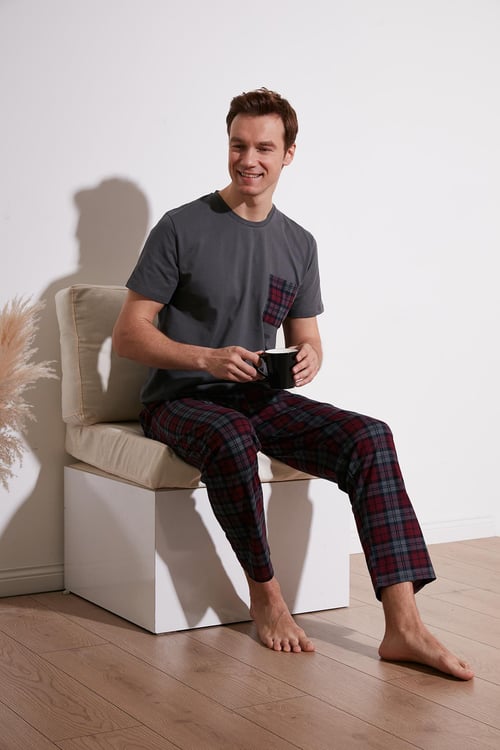Buratti Ekoseli Pamuklu Regular Fit Kısa Kollu Erkek Pijama Takımı 6572002 ANTRASİT
