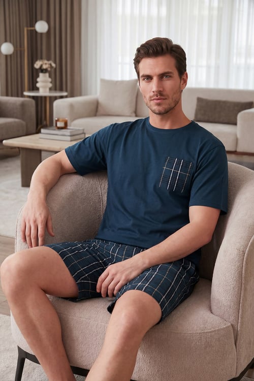 Buratti Kareli Pamuklu Regular Fit Şortlu Erkek Pijama Takımı 6572021 LACİVERT