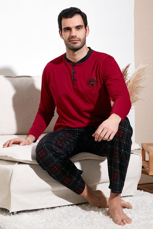 Buratti Kareli Pamuklu Regular Fit Uzun Kollu Erkek Pijama Takımı 60961003 BORDO