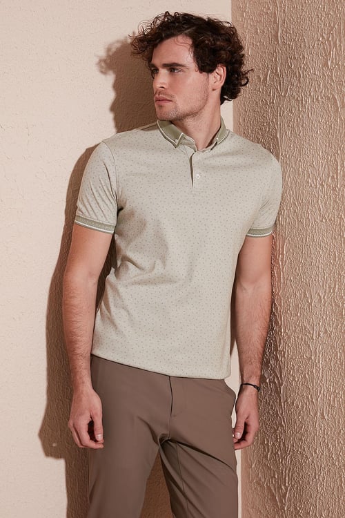 Buratti Pamuk Karışımlı Desenli Slim Fit Erkek Polo Yaka T Shirt 646B3200 ELMA YEŞİLİ