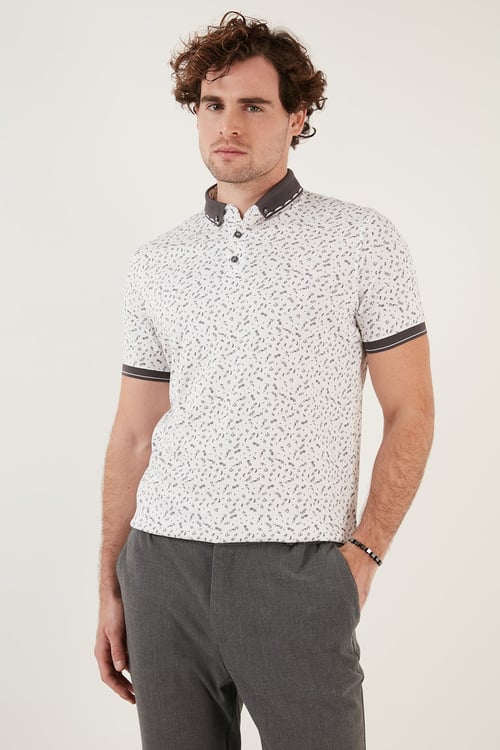 Buratti Pamuk Karışımlı Desenli Slim Fit Erkek Polo Yaka T Shirt 646B3270 BEYAZ