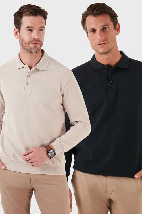 Buratti Pamuk Karışımlı Regular Fit 2'li Paket Erkek Polo Yaka Kazak 456223S2 Antrasit-Bej
