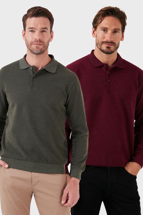 Buratti Pamuk Karışımlı Regular Fit 2'li Paket Erkek Polo Yaka Kazak 456223S2 Haki-Mürdüm