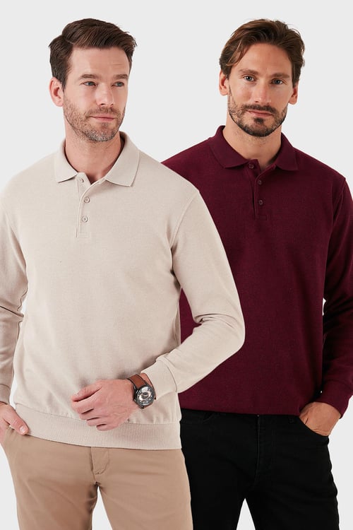 Buratti Pamuk Karışımlı Regular Fit 2'li Paket Erkek Polo Yaka Kazak 456223S2 Bej-Mürdüm