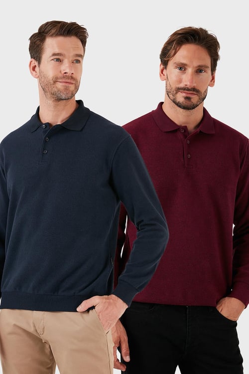 Buratti Pamuk Karışımlı Regular Fit 2'li Paket Erkek Polo Yaka Kazak 456223S2 LACİVERT-MÜRDÜM