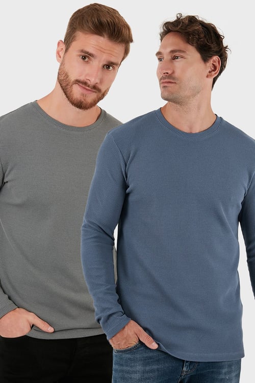 Buratti Pamuklu Bisiklet Yaka Normal Kalıp Basic 2'li Paket Erkek Sweat 5905073S2 Açık Haki-Koyu Gri