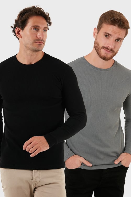 Buratti Pamuklu Bisiklet Yaka Normal Kalıp Basic 2'li Paket Erkek Sweat 5905073S2 Siyah-Açık Haki