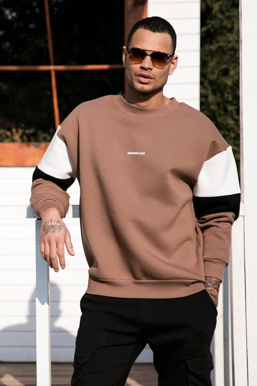 Buratti Pamuklu Oversize İçi Tüylü Yumuşak Şardonlu Erkek Sweat 5905298 SAFARİ