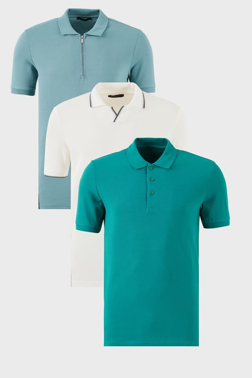 Buratti Pamuklu Regular Fit 3'lü Paket Erkek Polo Yaka T Shirt 59029641527S3 Beyaz-Benetton-Mavi