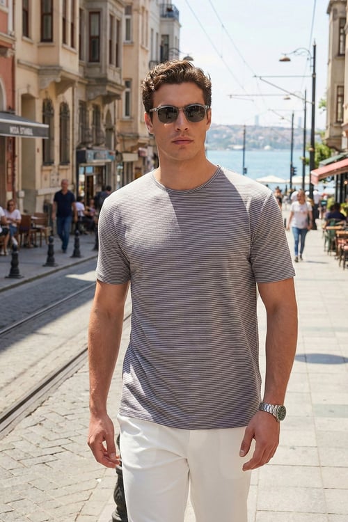 Buratti Pamuklu Regular Fit Çizgili Bisiklet Yaka Erkek T Shirt 5904030 AÇIK HAKİ