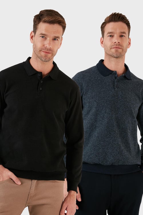 Buratti Pamuklu Regular Fit Düğmeli 2'li Paket Polo Yaka Erkek Kazak 456211S2 LACİVERT-SİYAH