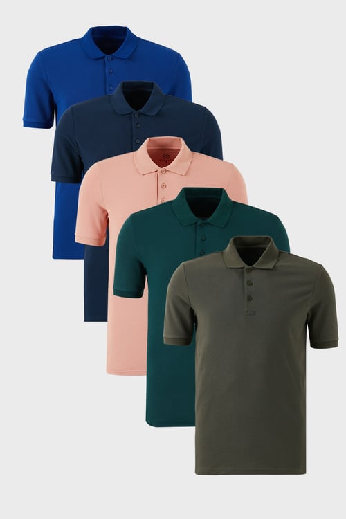 Buratti Pamuklu Regular Fit Düğmeli Polo Yaka 5'li Paket Erkek T Shirt 5902127S5 Haki-İndigo-Saks-Yeşil-Pudra