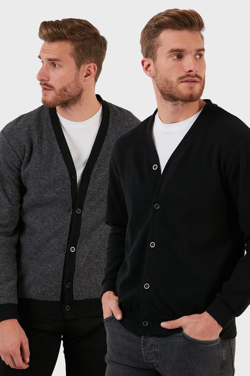 Buratti Pamuklu Regular Fit Düğmeli V Yaka 2'li Paket Erkek Hırka 456205S2 GRİ-SİYAH