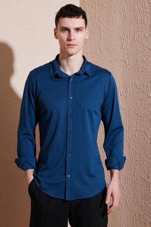Pamuklu Regular Fit Düz Yaka Erkek Gömlek CF25S119628 İNDİGO