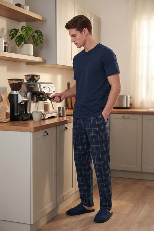 Buratti Pamuklu Regular Fit Kareli Kısa Kollu Erkek Pijama Takımı 6096860 LACİVERT