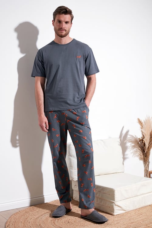 Pamuklu Regular Fit Kısa Kollu Erkek Pijama Takımı 6572012 ANTRASİT