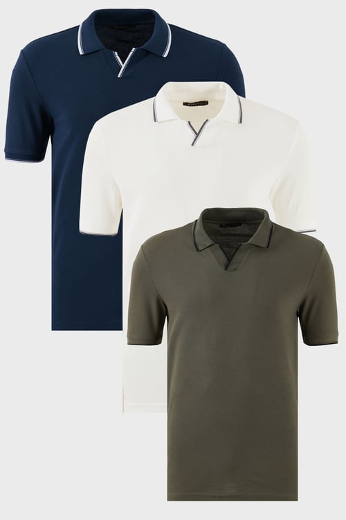 Buratti Pamuklu Regular Fit Şerit Detaylı 3'lü Paket Erkek Polo Yaka T Shirt 5902964S3 Haki-İndigo-Beyaz