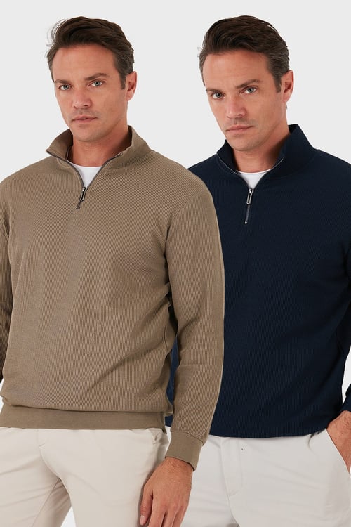 Buratti Pamuklu Regular Fit Yarım Fermuarlı Dik Yaka 2'li Paket Erkek Sweat 5905716S2 Koyu Vizon-Koyu Lacivert